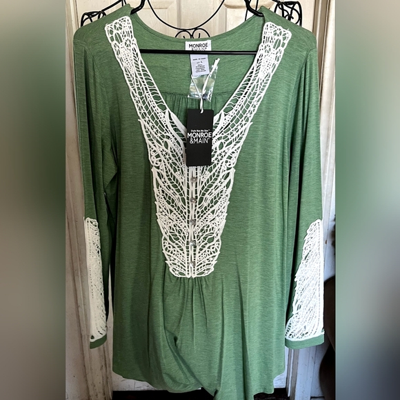 Monroe & Main Tops - Monroe & Main Olive Tunic with Ivory Lace Accents